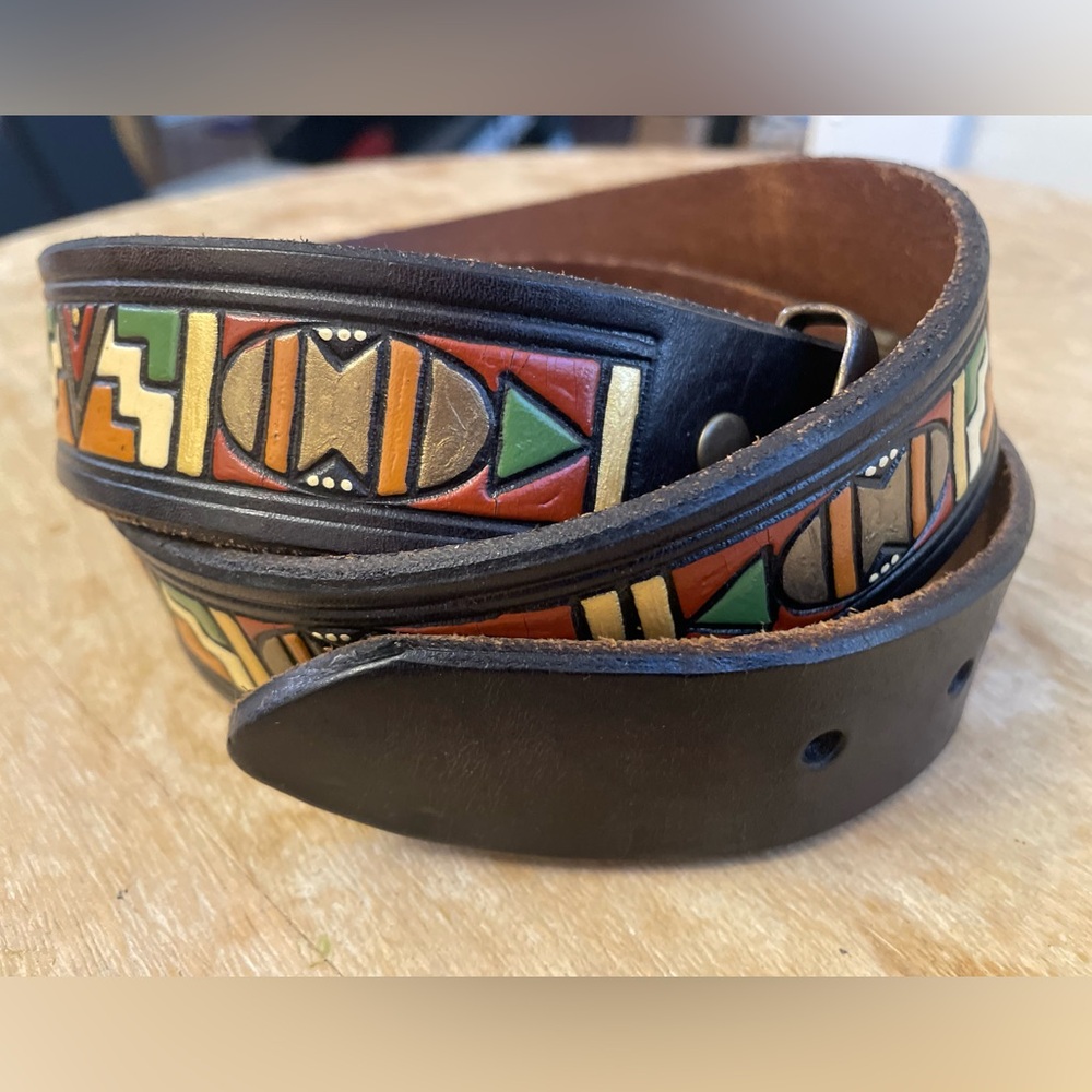 Vintage Colorful Painted Leather Belt with Geometric Southwest Pattern Design